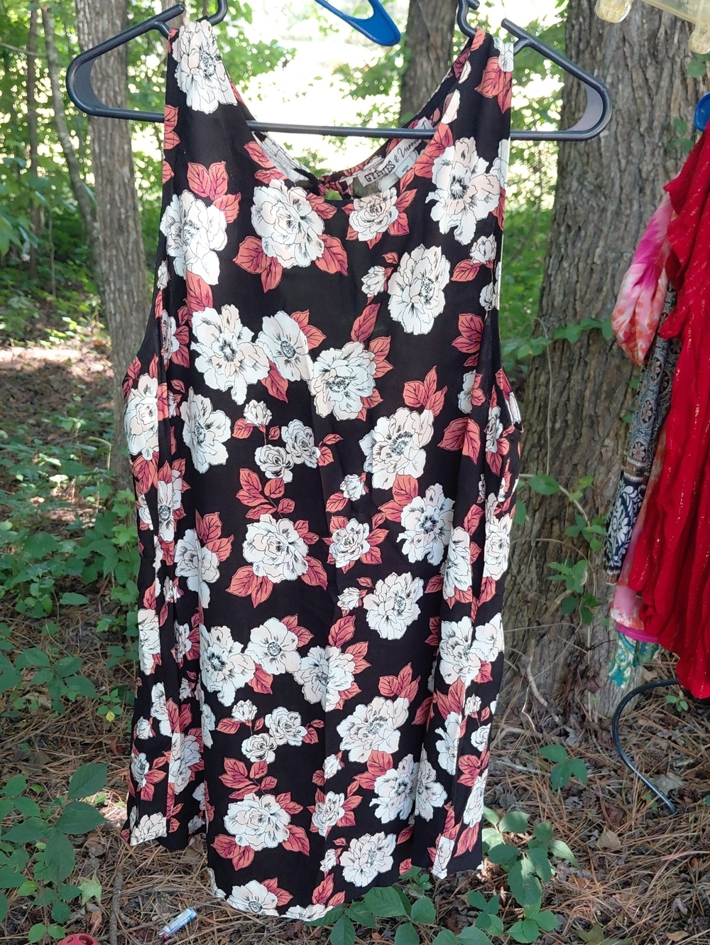 Gypsies & Moondust Black Mini Dress with White Flowers & Coral Leaves